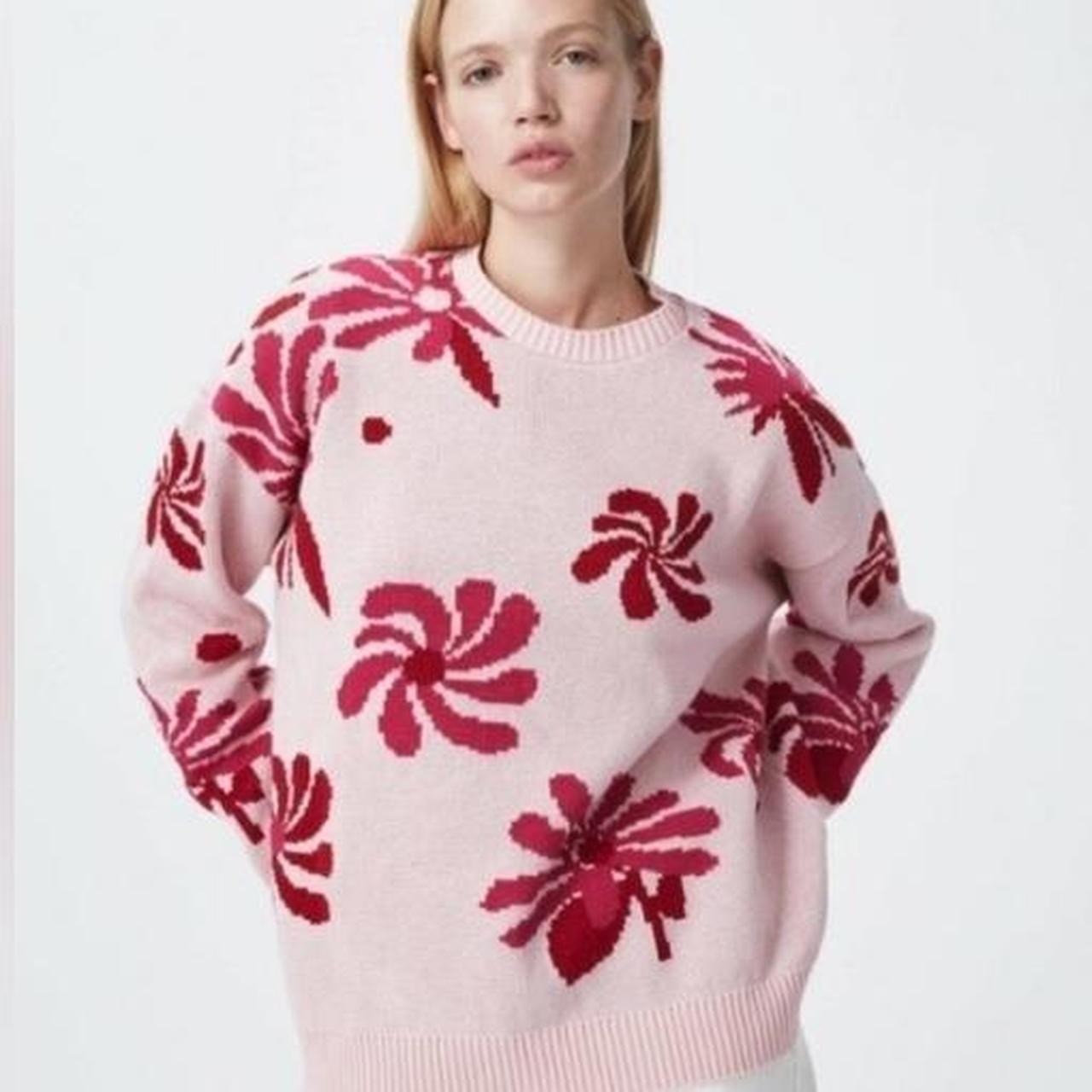 For Days WK8000 Organic Cotton Floral Intarsia Sweater Pink Magenta XL