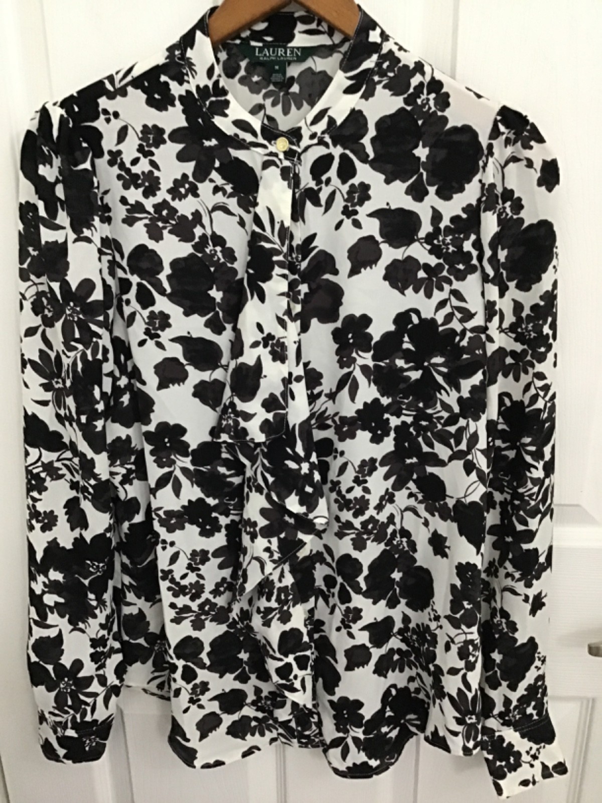 Lauren Ralph Lauren Women’s Black White Ruffle Button L/S Blouse Medium