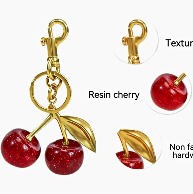 Cherry Fruit Charm Keychain/Bag Charm Resin, Gold Tone Red, Detachable