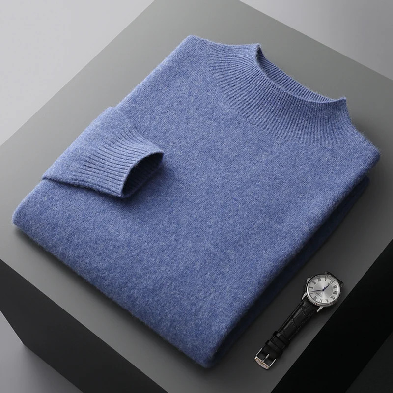Autumn Winter Men’s Wool Pullover Basic Mock Neck Sweater Soft Warm Cashmere Jum