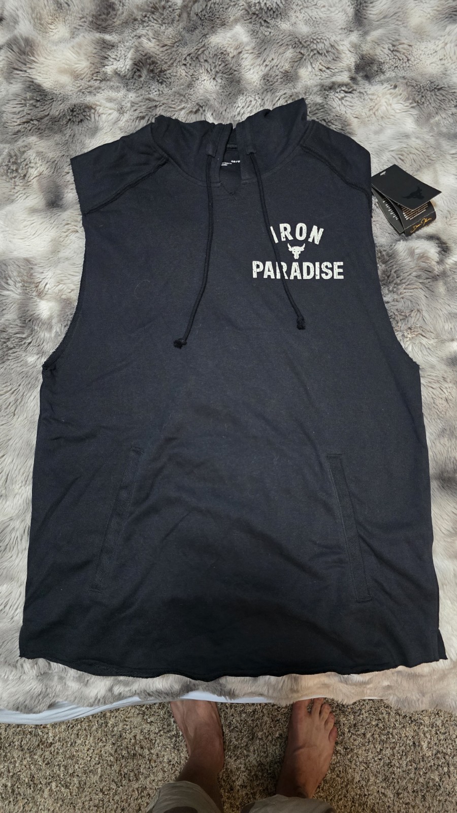 Under Armour Project Rock Iron Paradise Sleeveless Hooded Tank Black L Loose Fit