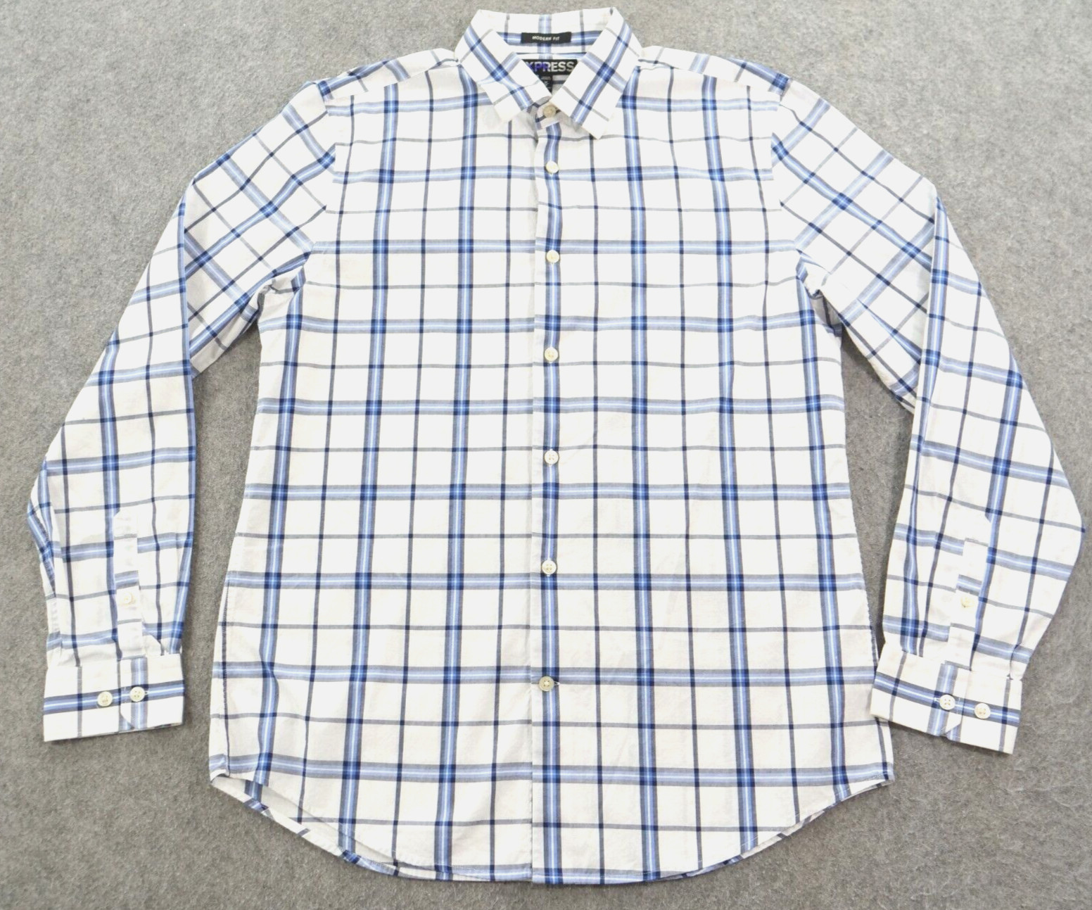 Express Shirt Mens Medium Blue White Button Plaid Long Sleeve Modern Fit