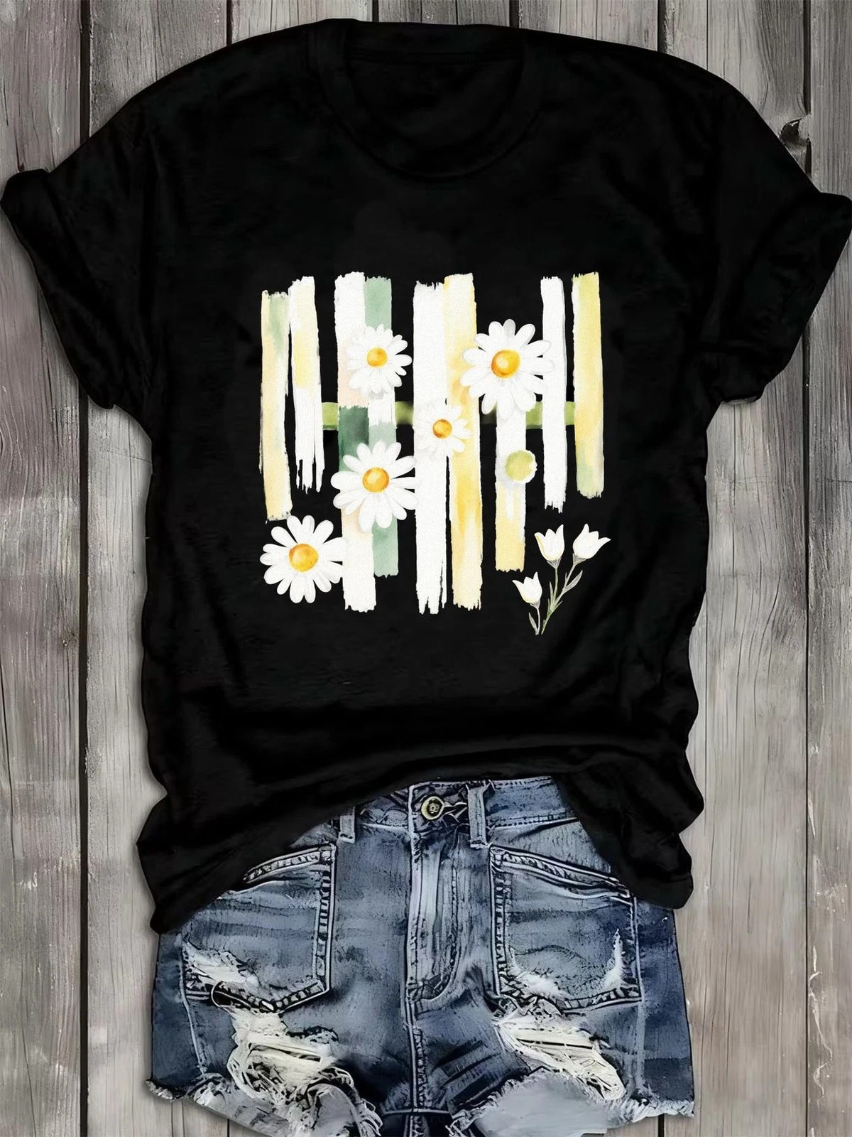 Women Daisy Floral Graphic T-Shirt Summer Flower Casual Crew Neck Tee Top
