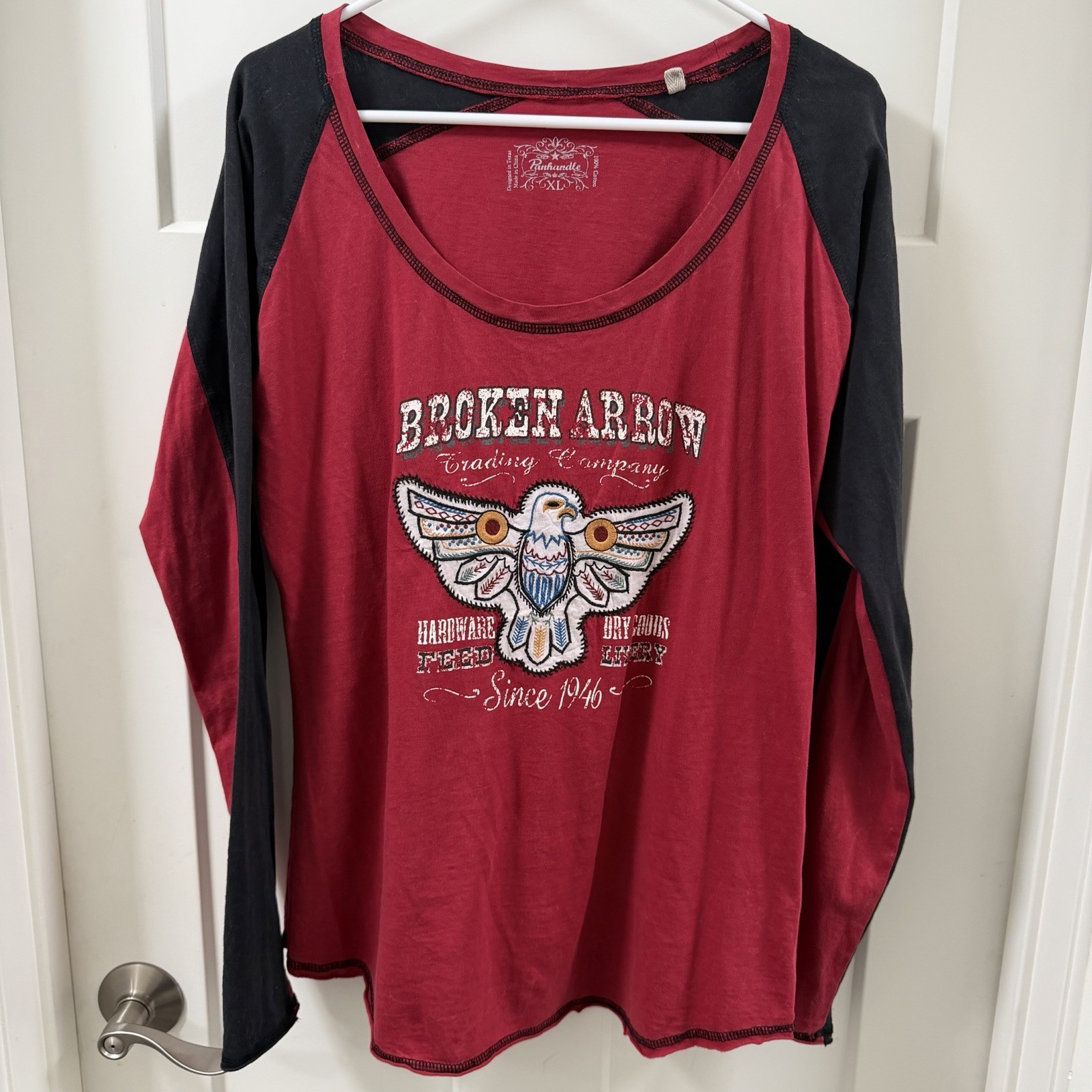 Panhandle Women 100% Cotton Red/Black Graphic LongRaglanSleeved T-Shirt XL