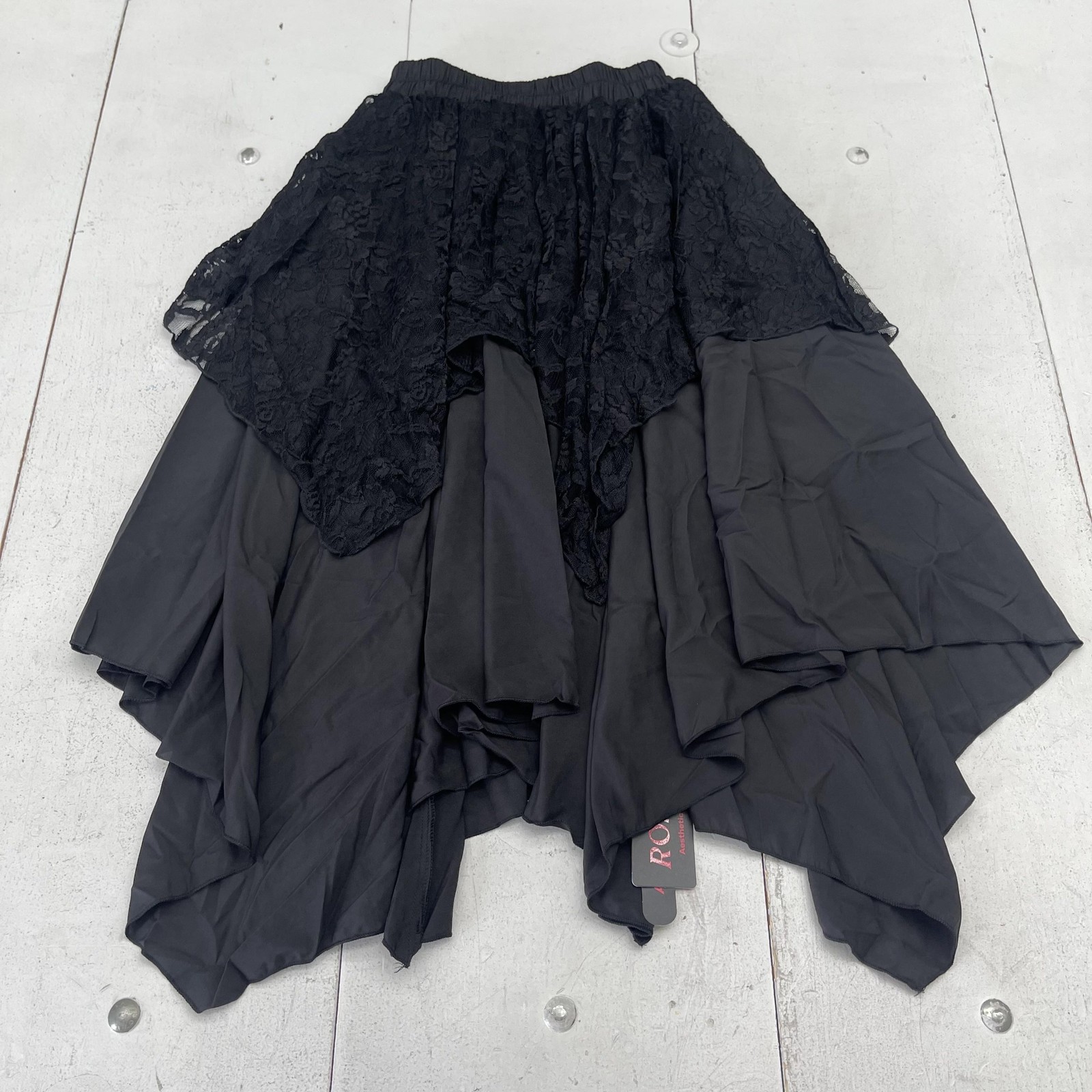 ROMWE Skirt Womens XS Black Lace Layered Flare Midi Asymmetric Hem Elastic
