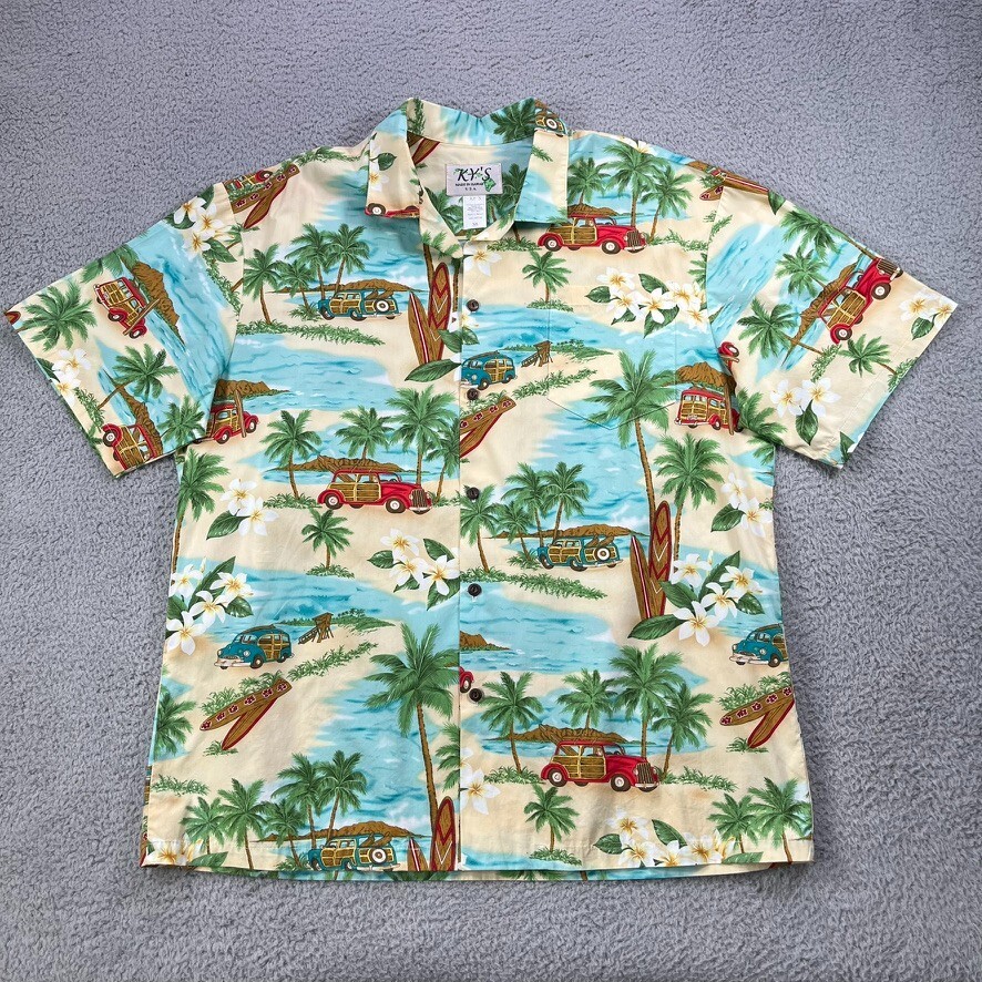 Kys Hawaiian Shirt Men XL Woody Wagon Car Surf Board Tropical 100% Cotton USA