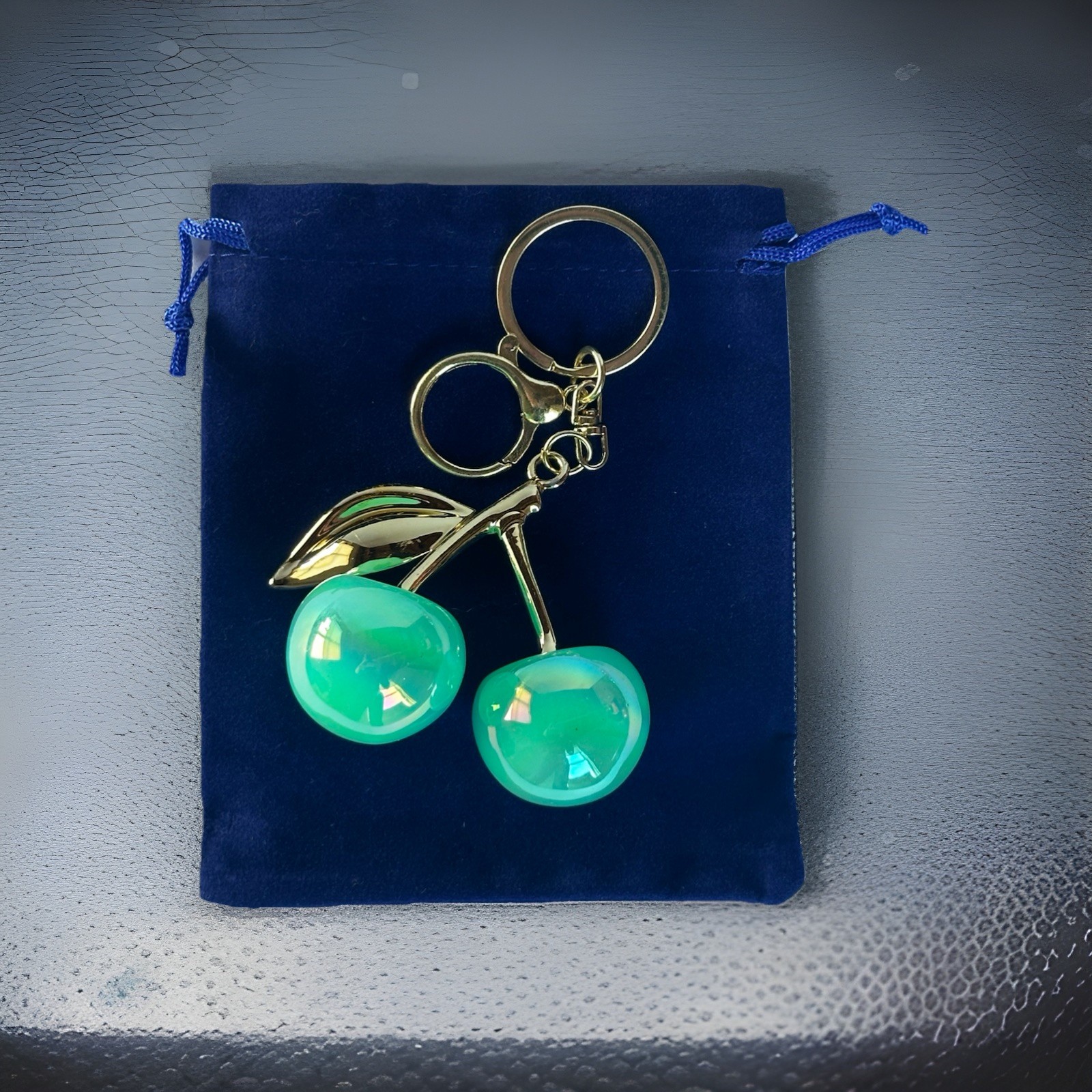 Iridescent Gloss Mirrored Cherry Bag Charms Keychain Gold + Velvet Dustbag