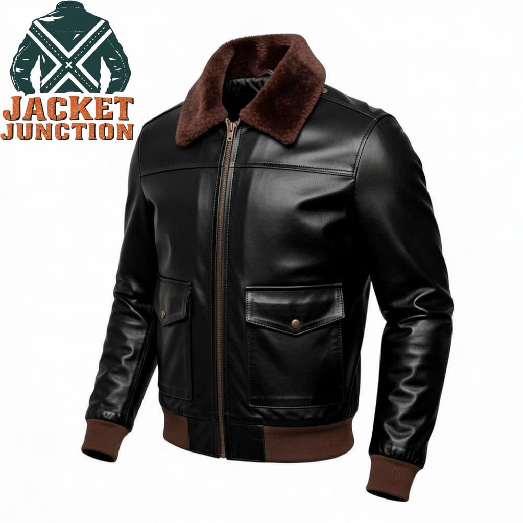 Men’s Lambskin Leather Bomber Jacket Faux Fur Collar Aviator Pilot Coat