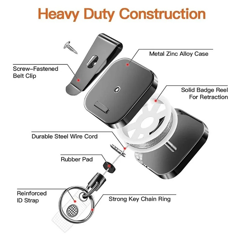 1pc Gray Retractable Keychain Badge Reel Clip Heavy Duty Belt Holder – NEW