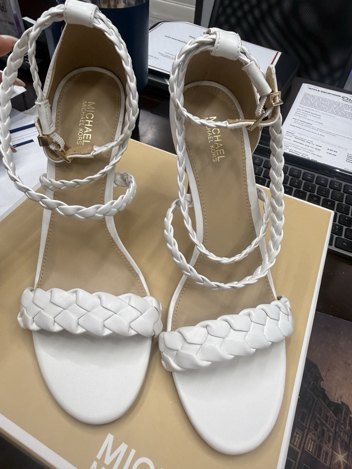 Michael Kors Astrid Wrapped Sandal Heels White Braided Size 7.5M