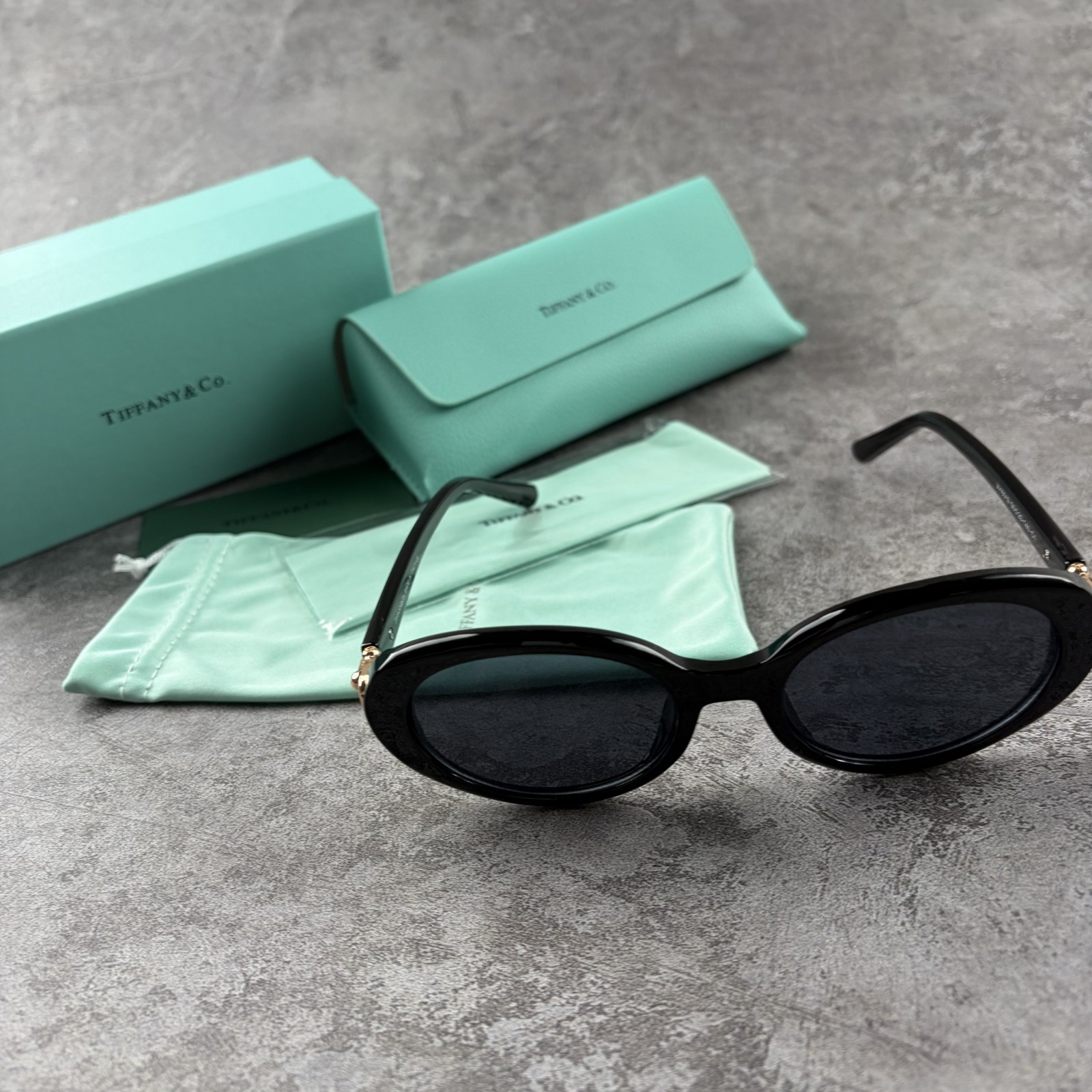 New In Box – Tiffany Black & Blue Oval Sunglasses for Women Designer Eyewear