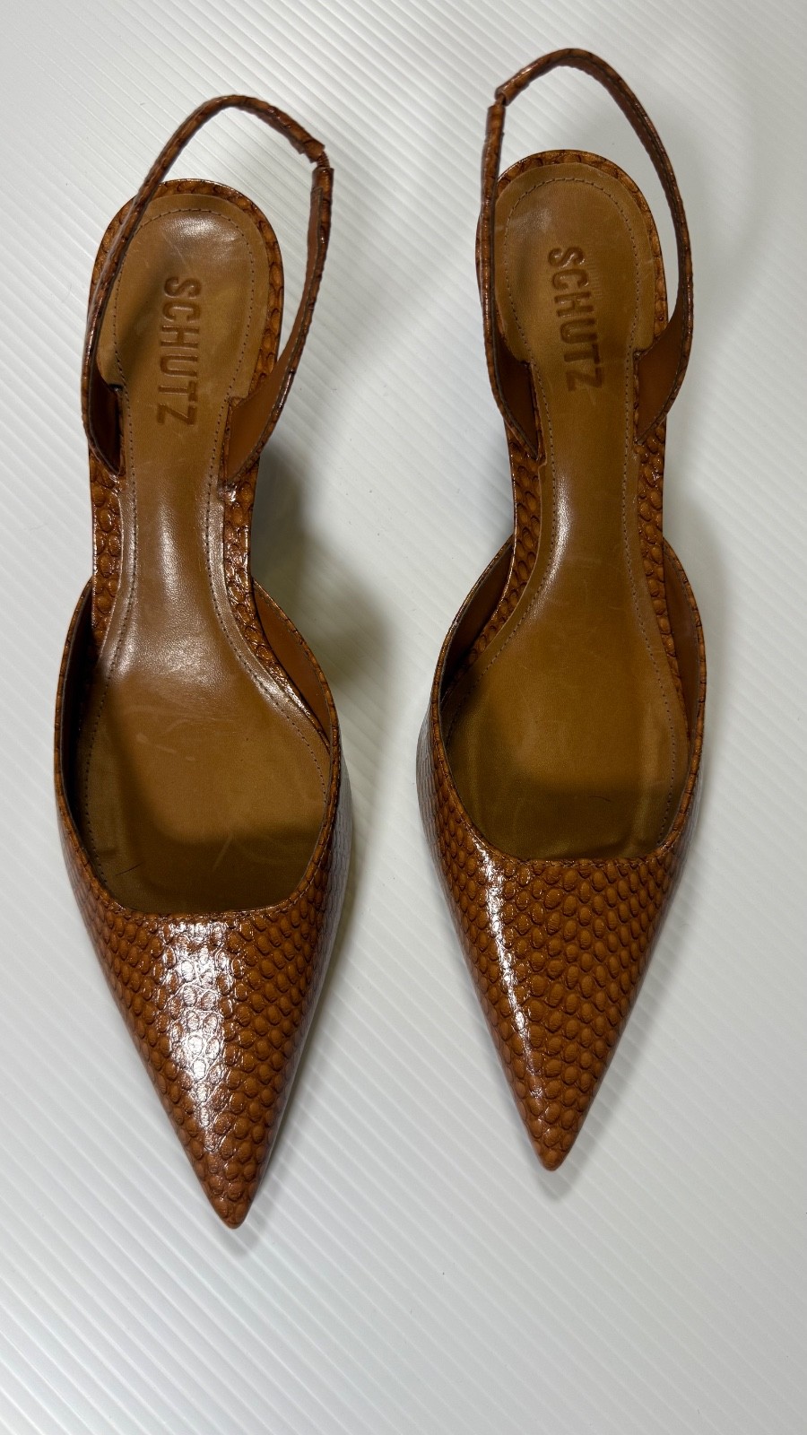 Schutz Paola Mid Slingback Pumps Womens 9B Brown Embossed Python Pointed Toe
