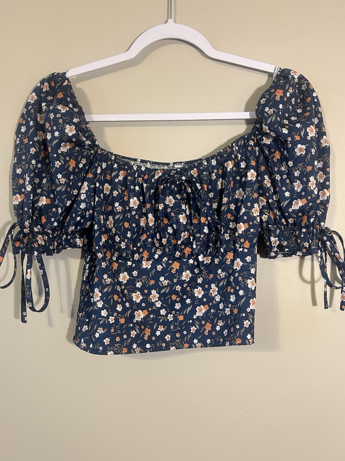 SHEIN Women’s Blue Floral Square Neck Smocked Puff Sleeve Crop Blouse M