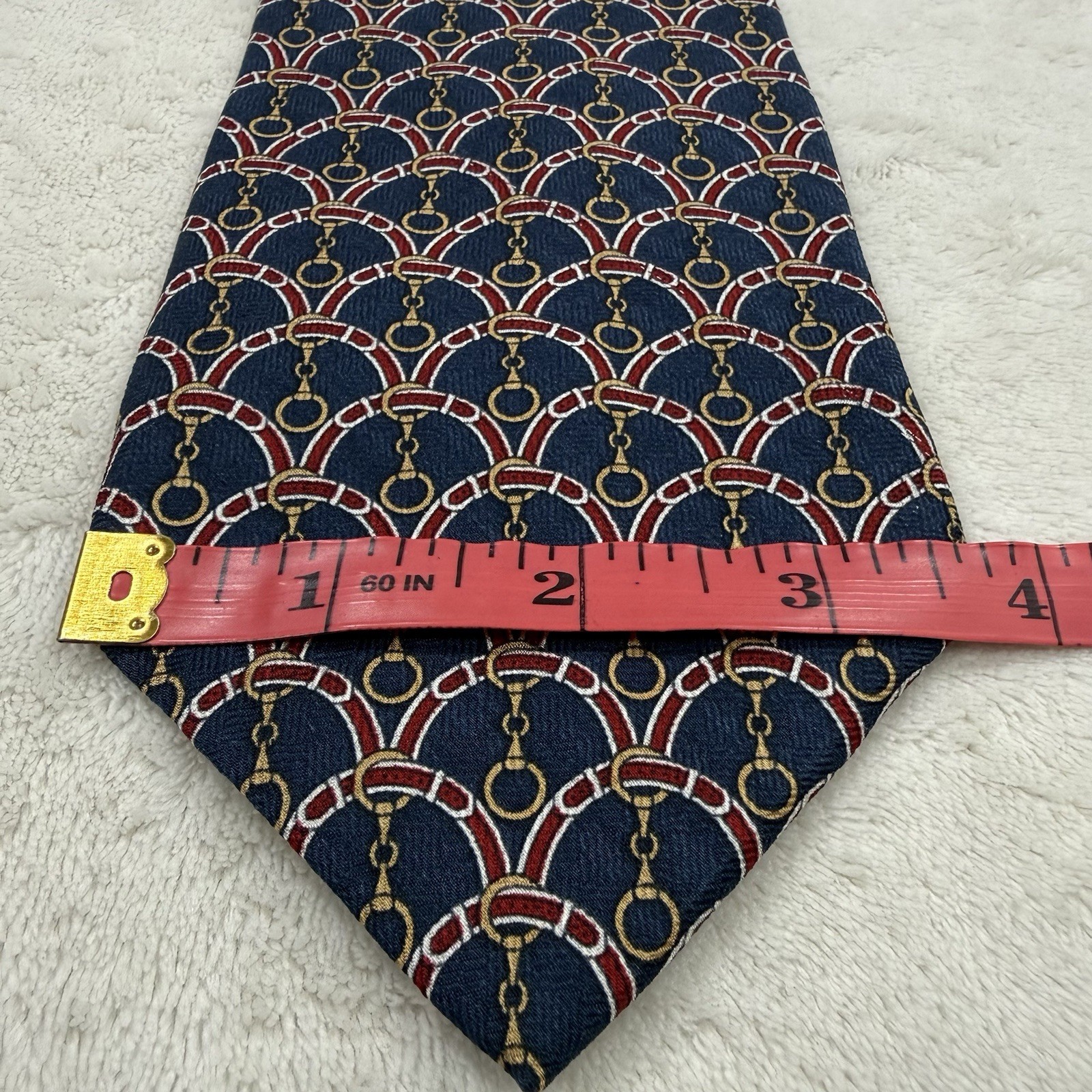 Tom James 100% Silk Tie Navy Red Gold Equestrian Bit Ring USA