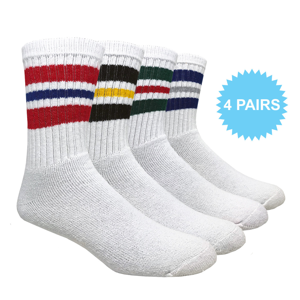 White Cotton Crew Socks in Assorted Stripes Sport Fashion Trend