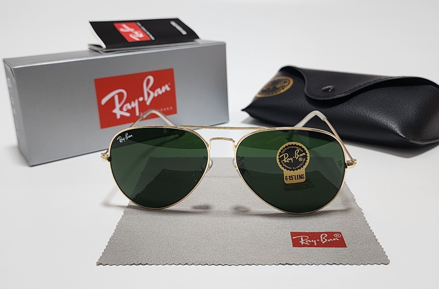 Ray-Ban RB3025 Aviator Sunglasses Gold Frame Green Glass Lens 58mm UV400