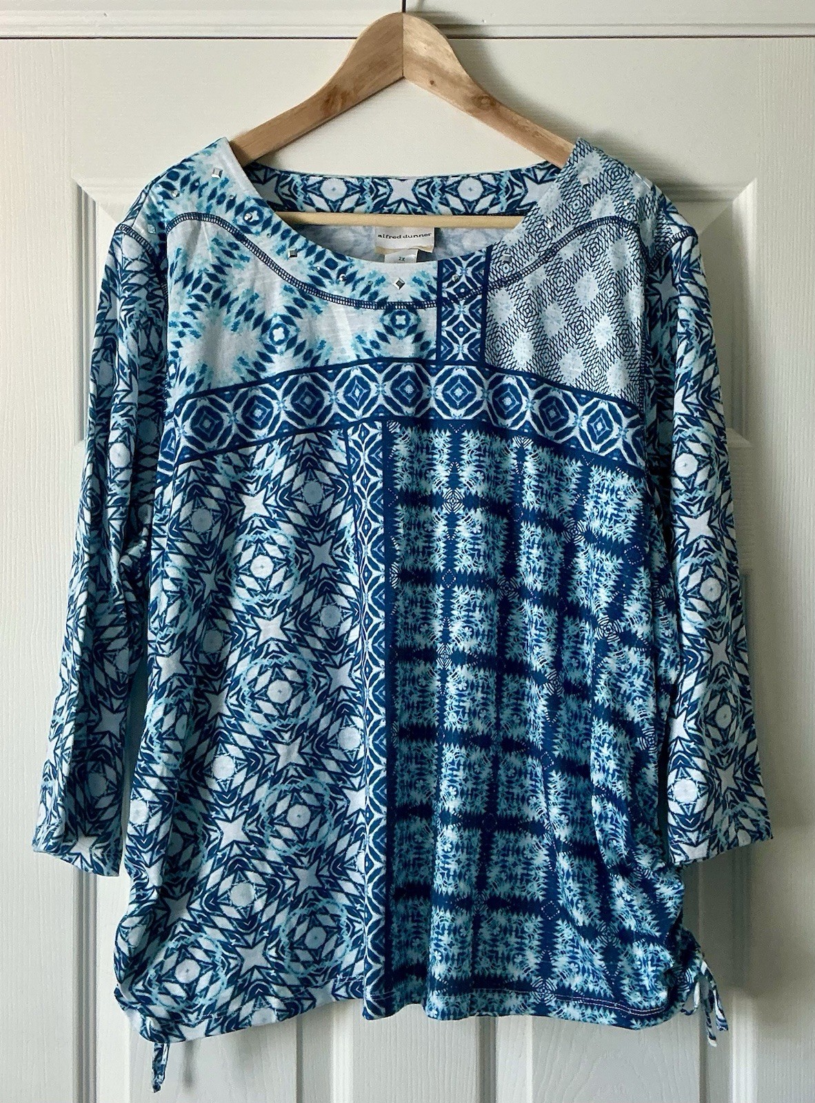 NWOT Alfred Dunner Women’s Top 2X Shades of Blue, Ruched Sides, Boho