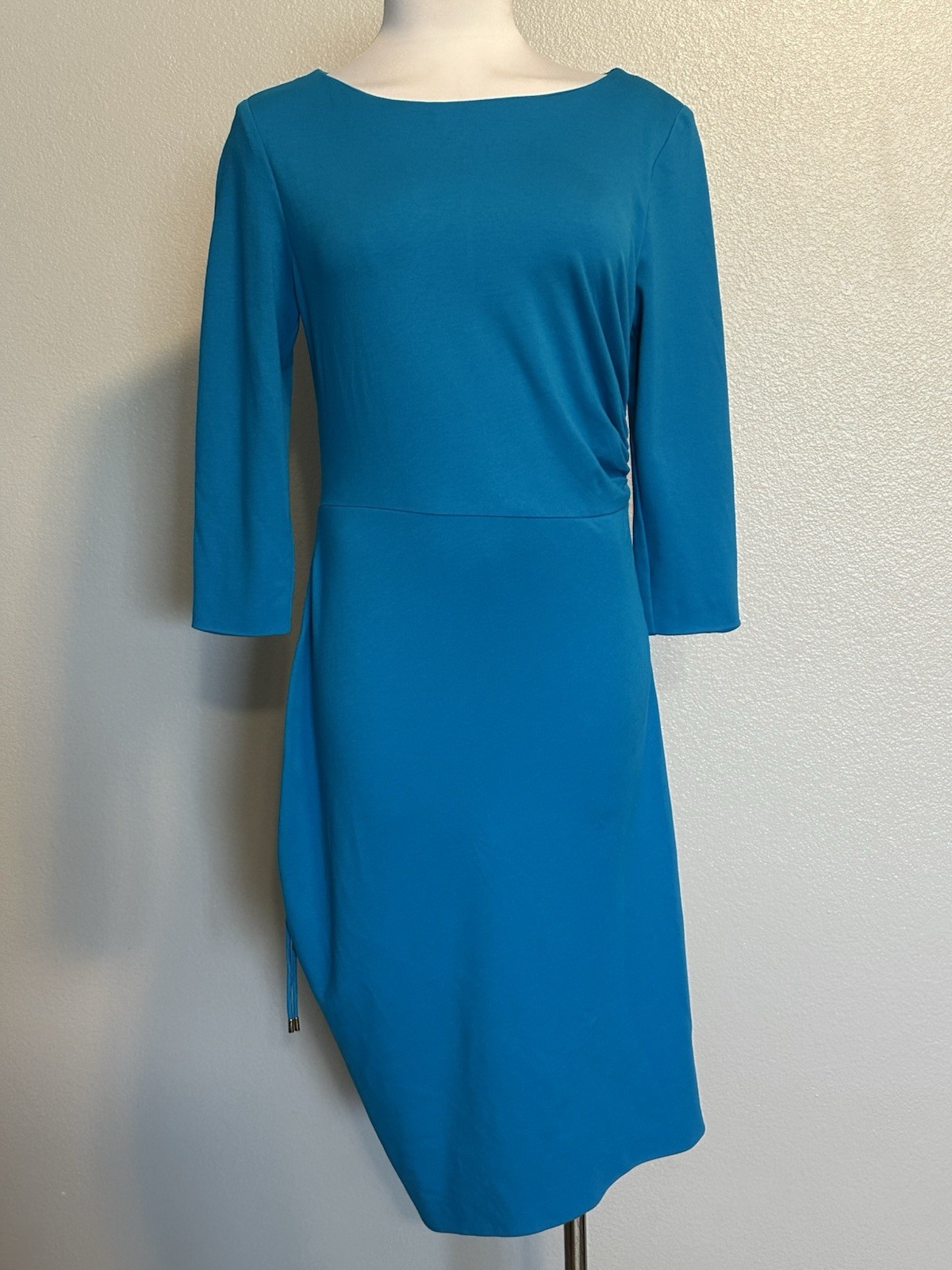 ESCADA «Duqua»Lagoon Blue Stretch Viscose Knit Ruched Sheath Dress sz.M US 38 EU