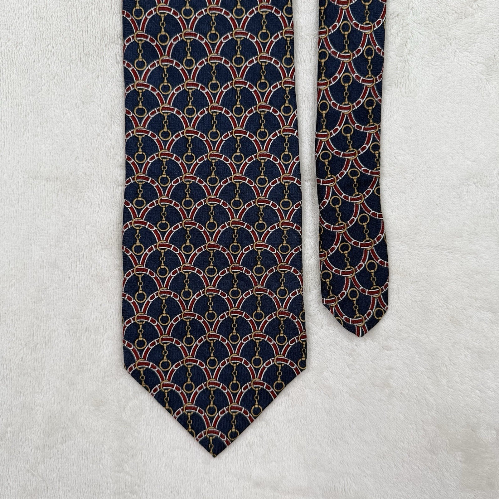 Tom James 100% Silk Tie Navy Red Gold Equestrian Bit Ring USA