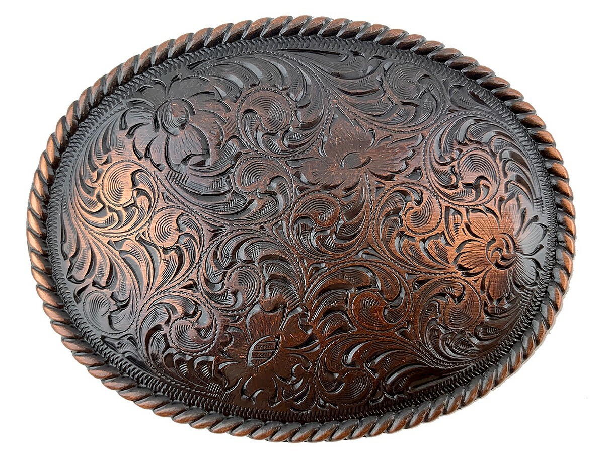 WESTERN COPPER COLOR ROPE EDGE FLORAL ENGRAVED BELT BUCKLE FITS 1-1/2″ WIDE BELT
