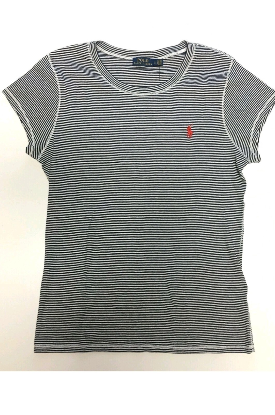 POLO RALPH LAUREN BLUE AND WHITE HORIZONTAL STRIPED COTTON T-SHIRT WOMENS LG NEW