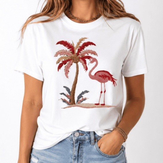Women’s Flamingo and Palm Tree Tropical Beach Print T-Shirt – Casual Summer Top