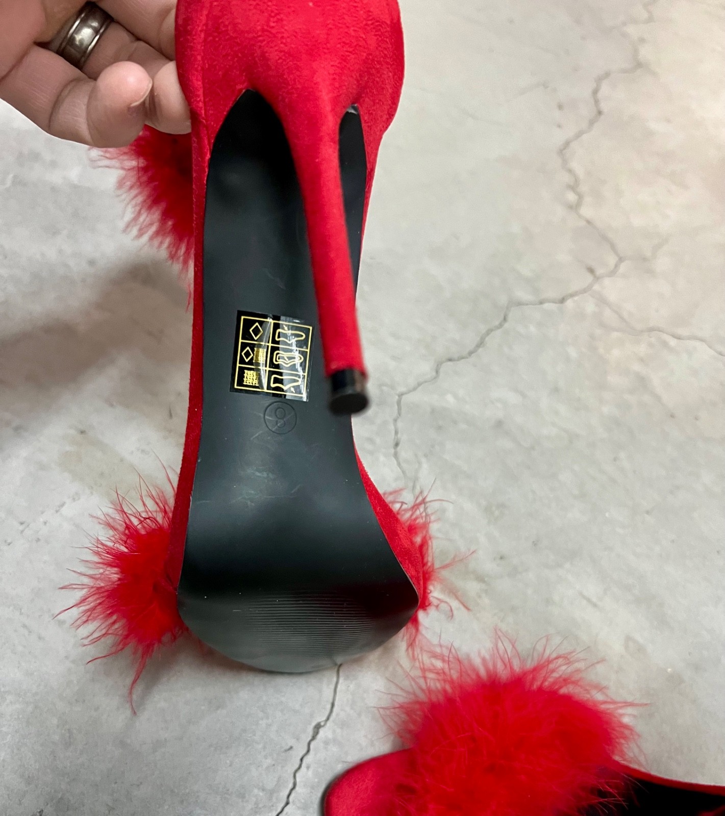 PrettyLittleThing Red Feather Strap Stiletto Heels sz 10