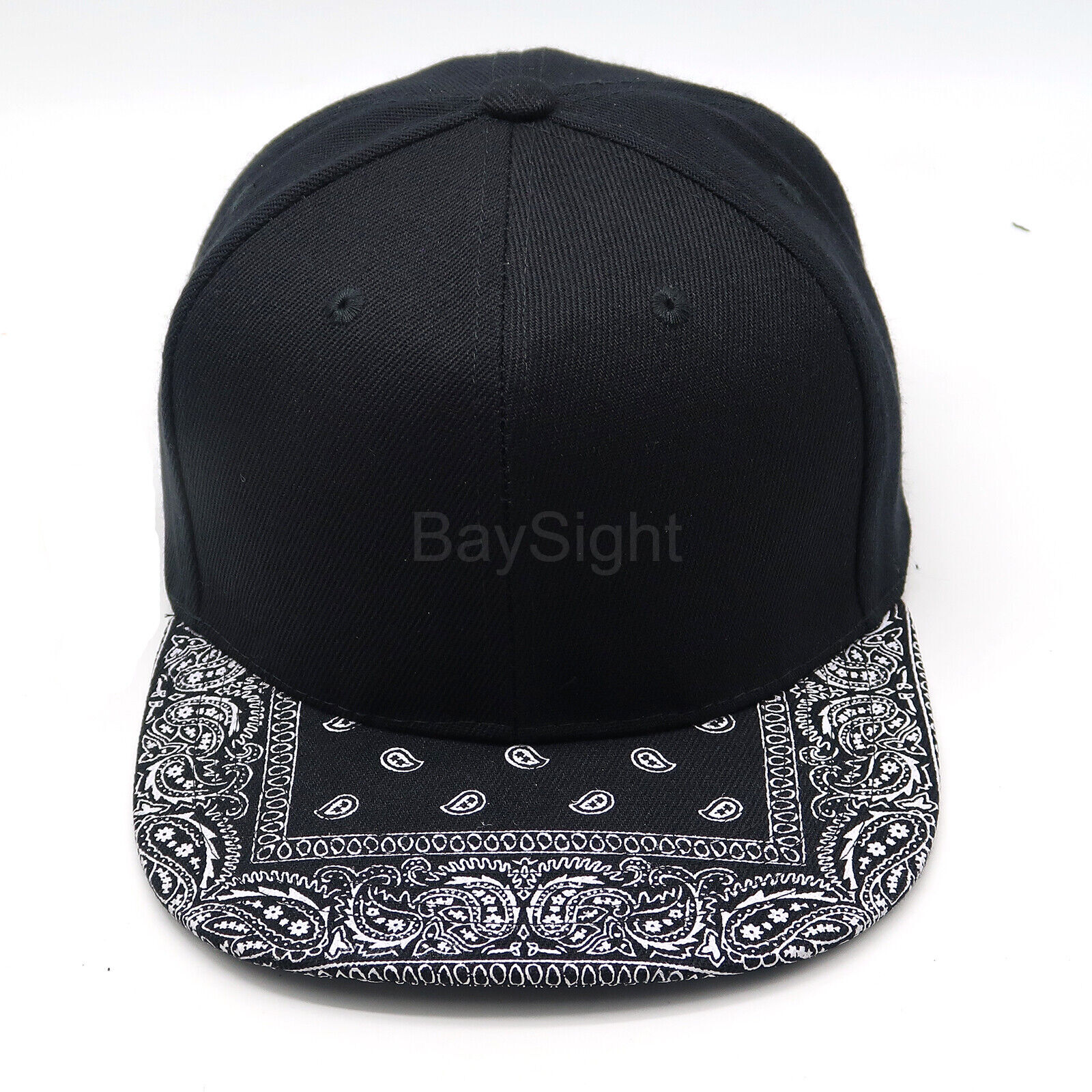 Mens Baseball Cap Snapback Adjustable Bandana Paisley Hat Solid Black Flat Bill