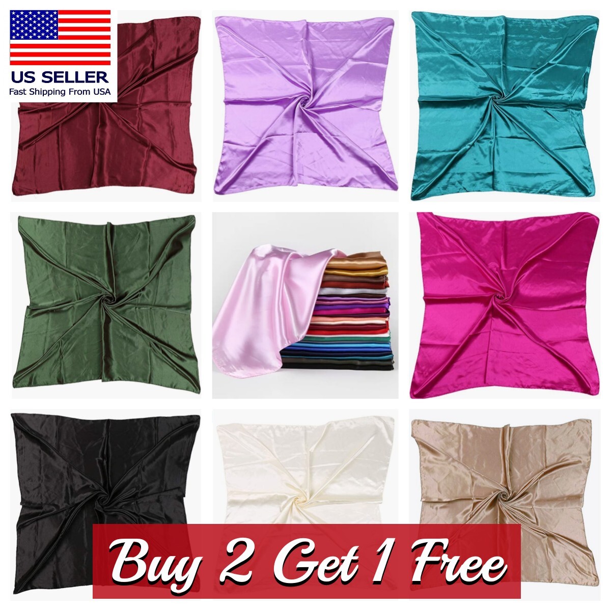 Large Square Satin Scarf Silk Feel Head Neck Wrap Solid Color Scarves Shawl 35″