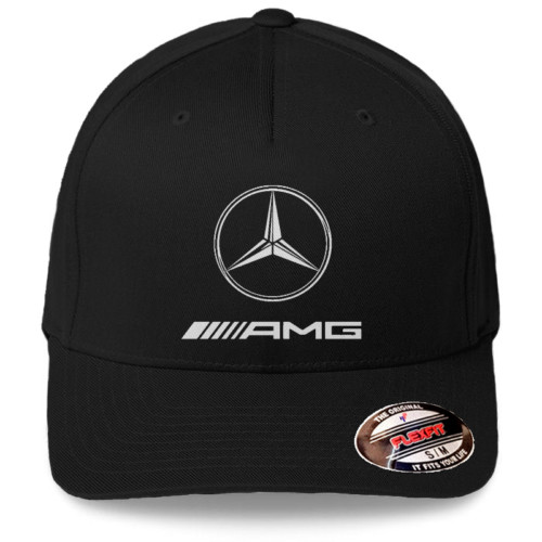 Mercedes AMG Logo on Black Hat Flexfit Baseball Cap Printed Emblem S/M & L/XL