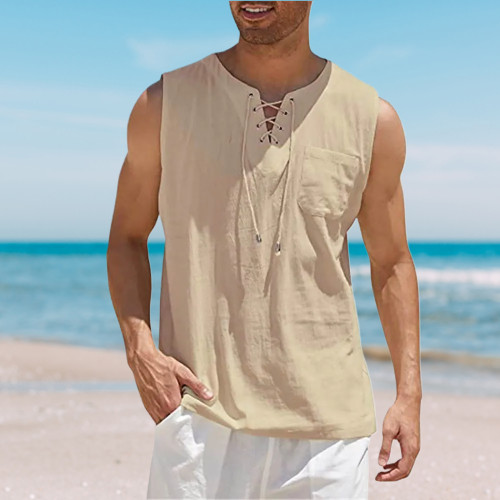 Men’s Sleeveless Shirt Tank Top Lace Up Cotton Casual Plain Summer Vest 5 COLORS