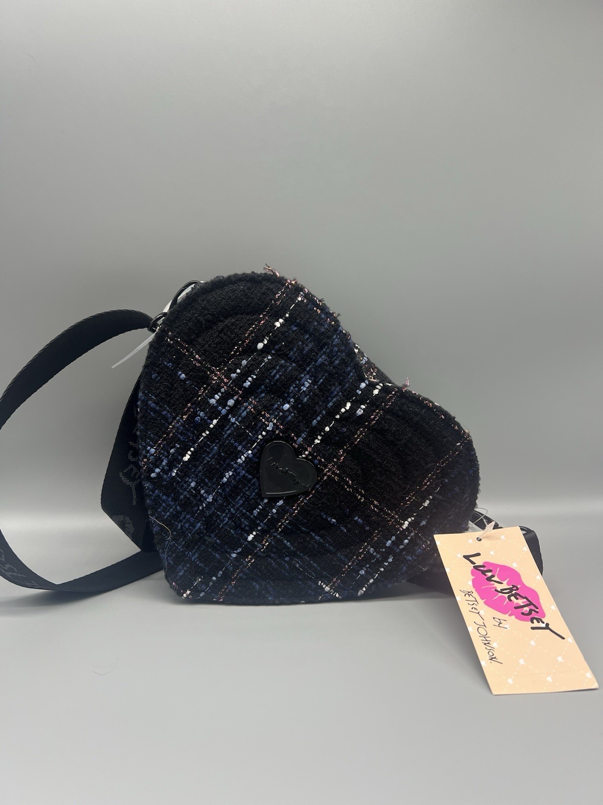 Luv Betsey by Betsey Johnson Heart Plaid Tweed Crossbody Bag Black Multi NEW