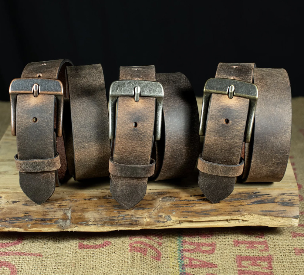Mens Full Grain Leather Belt, 1.5 Inches Wide, Crazy Horse Finish, Made in USA