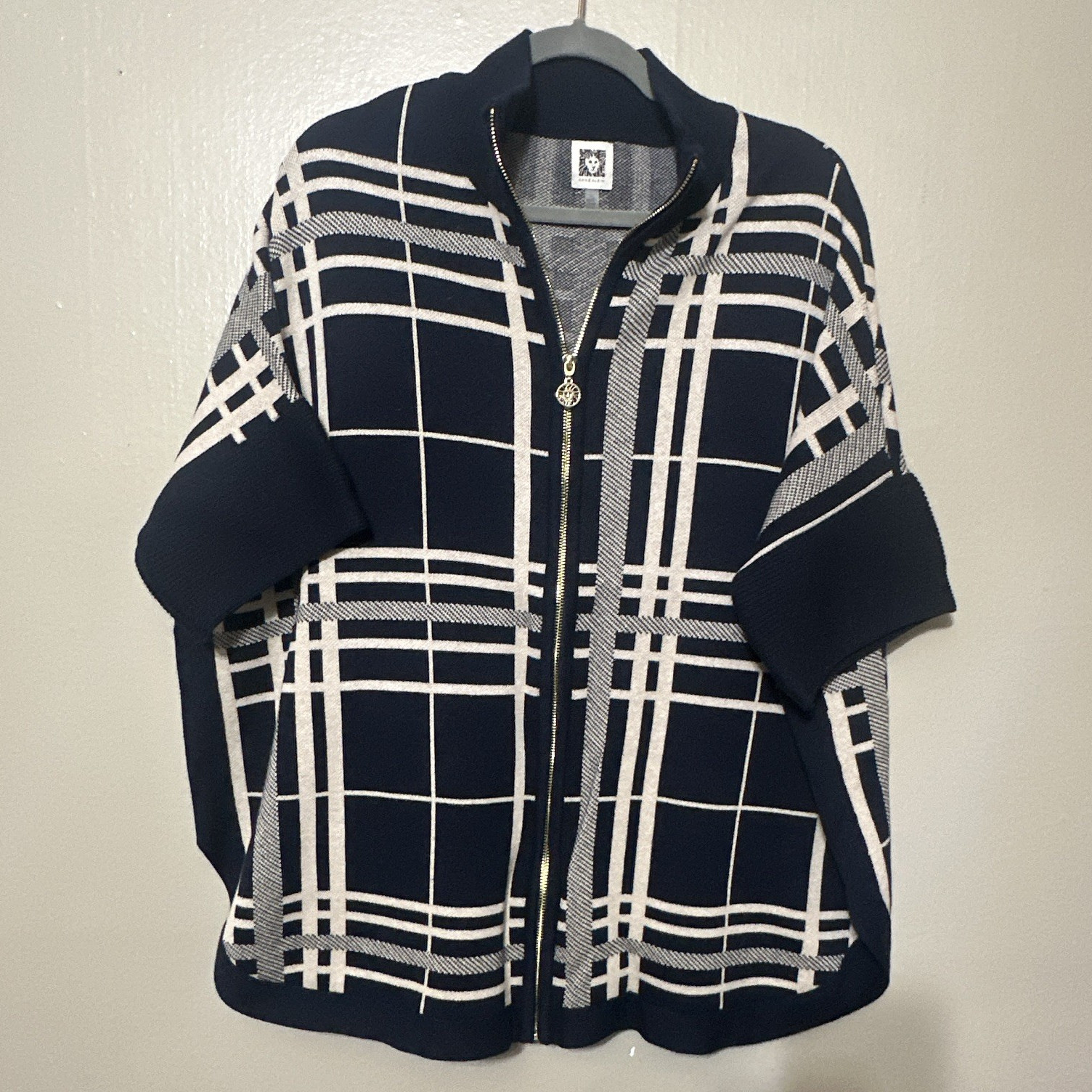 Anne Klein Womens Plaid Full Zip Cardigan Sweater Navy/White Short Sleeve L