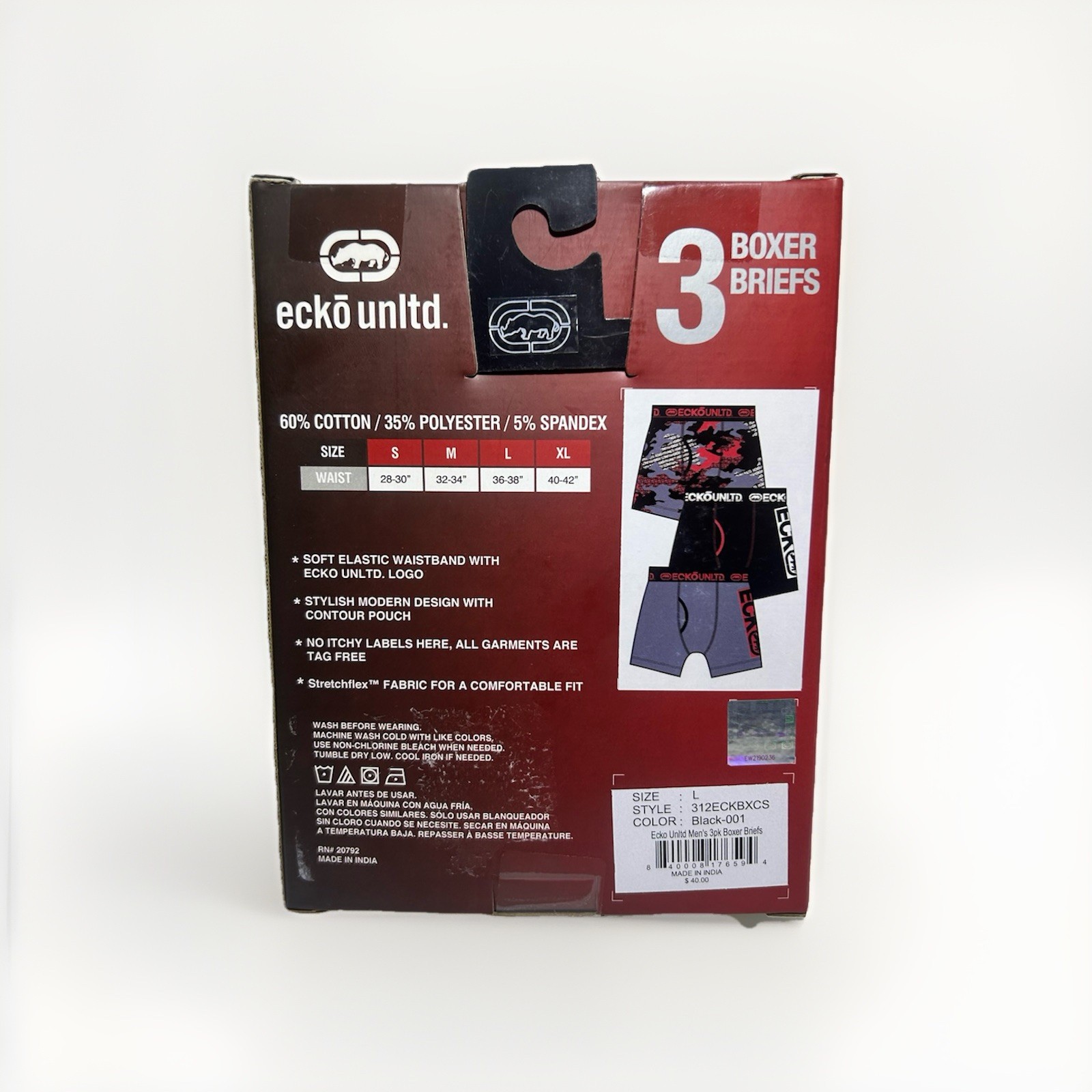 New Ecko Unltd Men’s 3 Pack Stretchflex Soft Fabric Boxer Briefs Size L (36-38″)