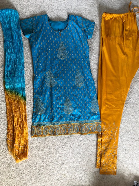 Women salwar Kameez Dress Kurti Pants Scarf 3 pcs Kurta Blue Mustard Sz M