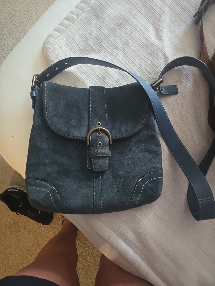 Vintage Suede Coach Crossbody Bag Blue W/gold Hardware And Leather Trim