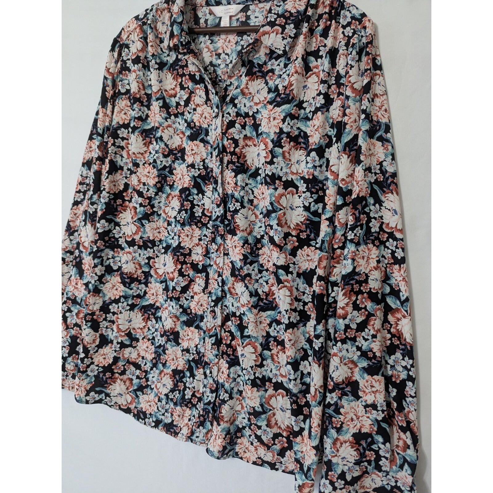 Lauren Conrad Floral Print Button Down Long Sleeve Blouse Peasant Top Plus 2X