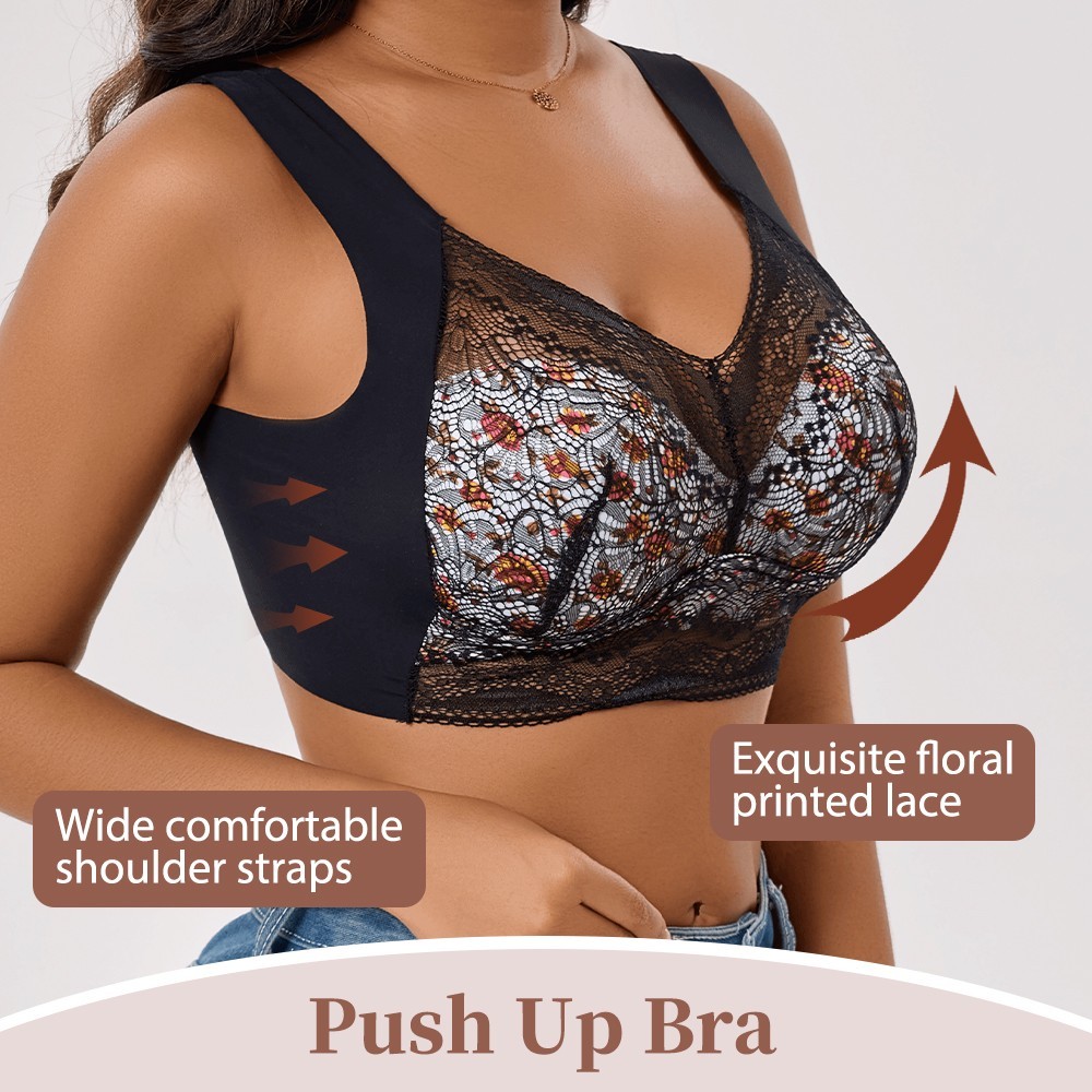 Floral Lace Wireless Full Coverage Bra Wide Strap Plus Size Comfort Bralette