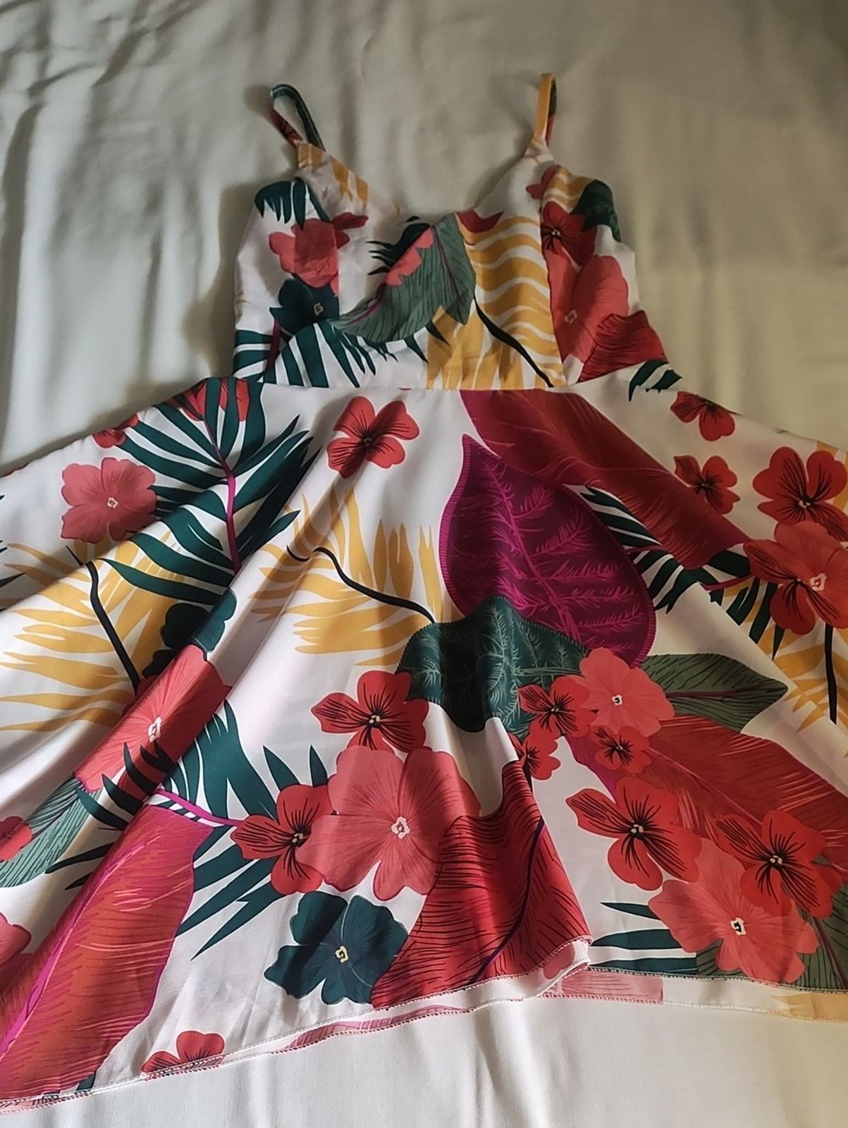 Source Unknown Tropical Floral Sundress in Pink, Coral, Green and Yellow