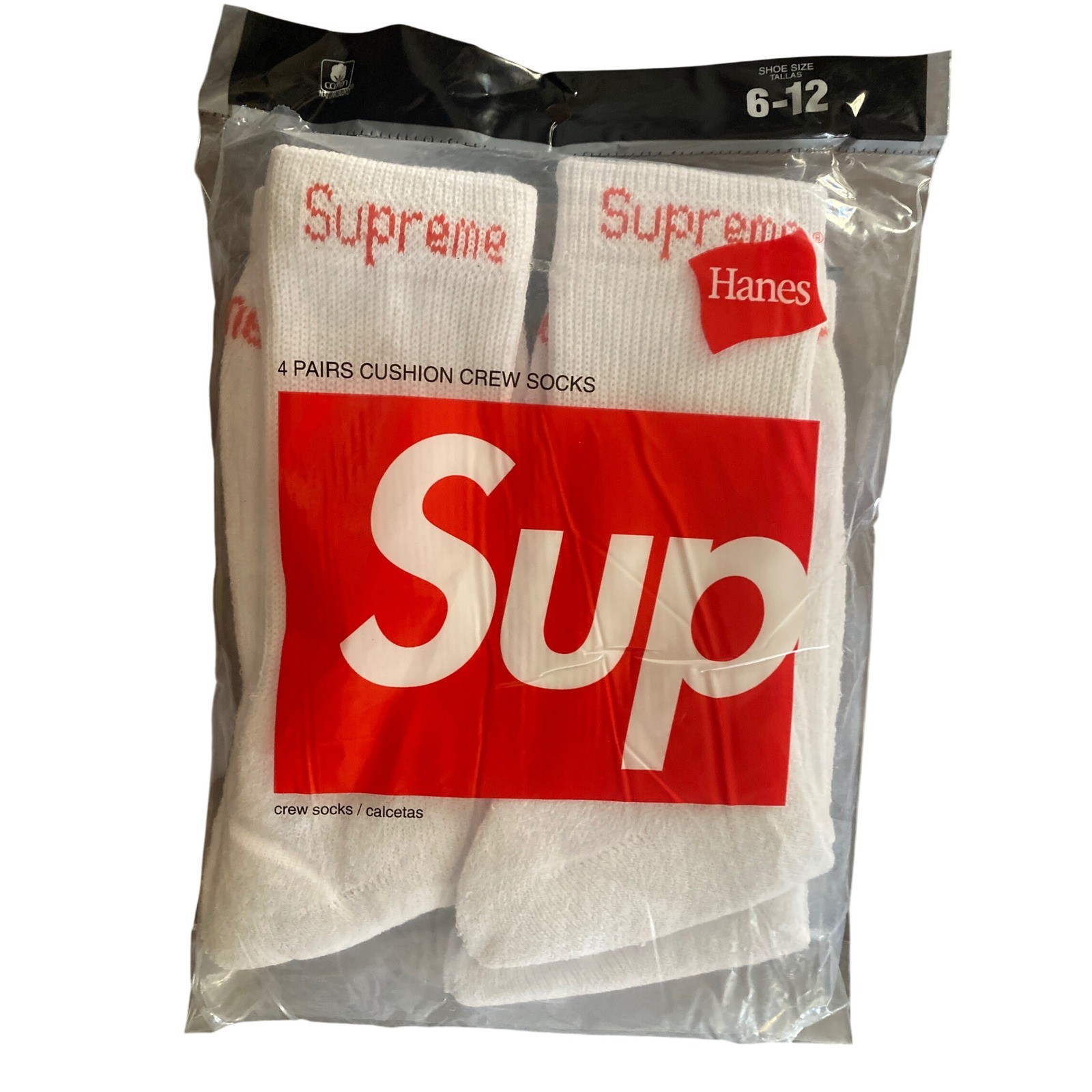 Supreme X Hanes Crew Socks 4 Pairs 8 Socks Cushion White Size 6-12 Authenticator