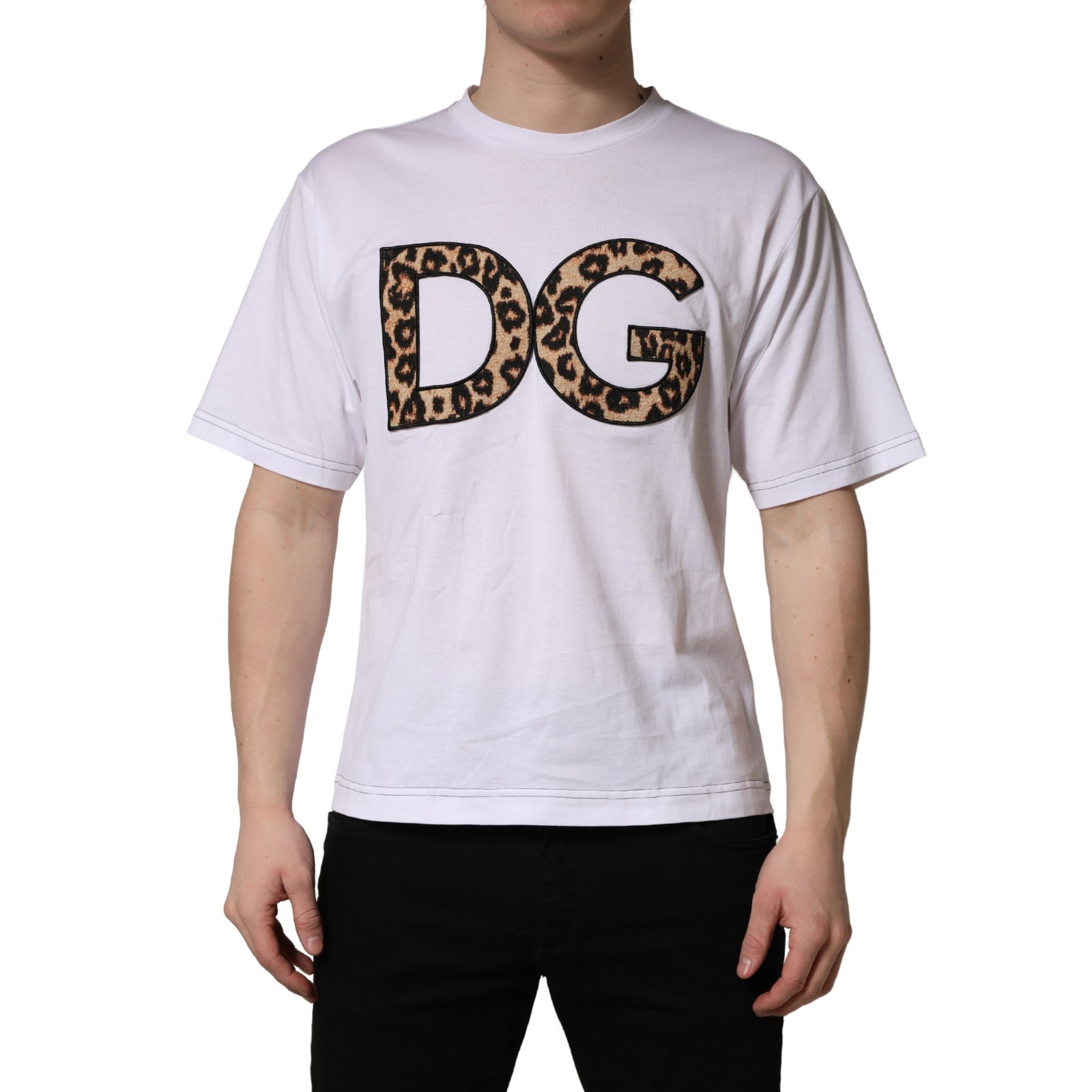 DOLCE & GABBANA T-shirt White Leopard Print DG Logo MenCotton IT48/US38/M 900usd