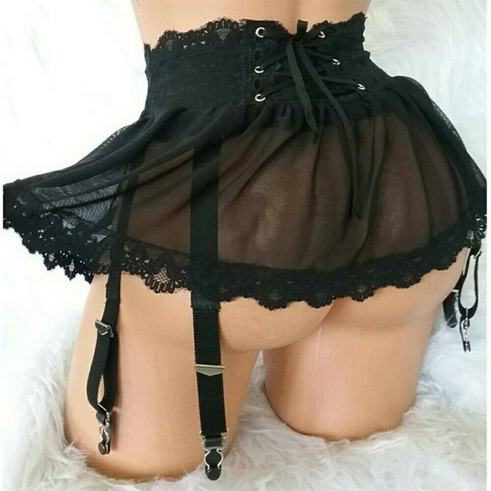 Womens Sexy Lace Sissy Skirt High Waist Swing Lingerie Ladies Underwear Bandage