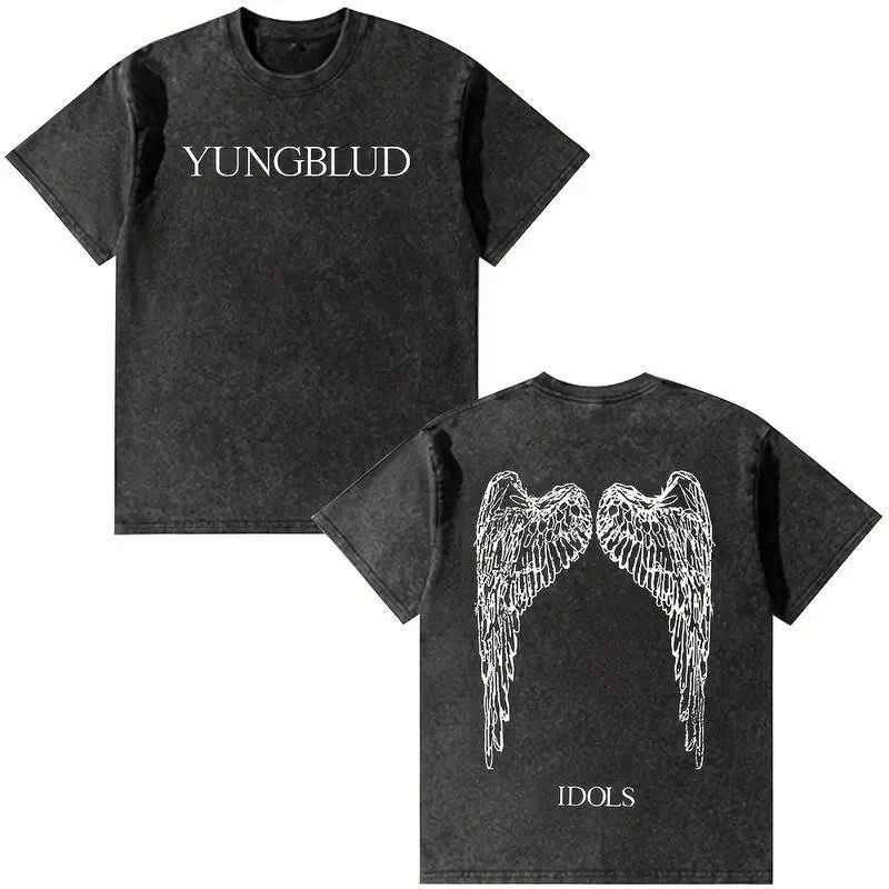 Men’s Yungblud Idols Wings Graphic Vintage Washed Heavy Cotton T-Shirt, Retro Do