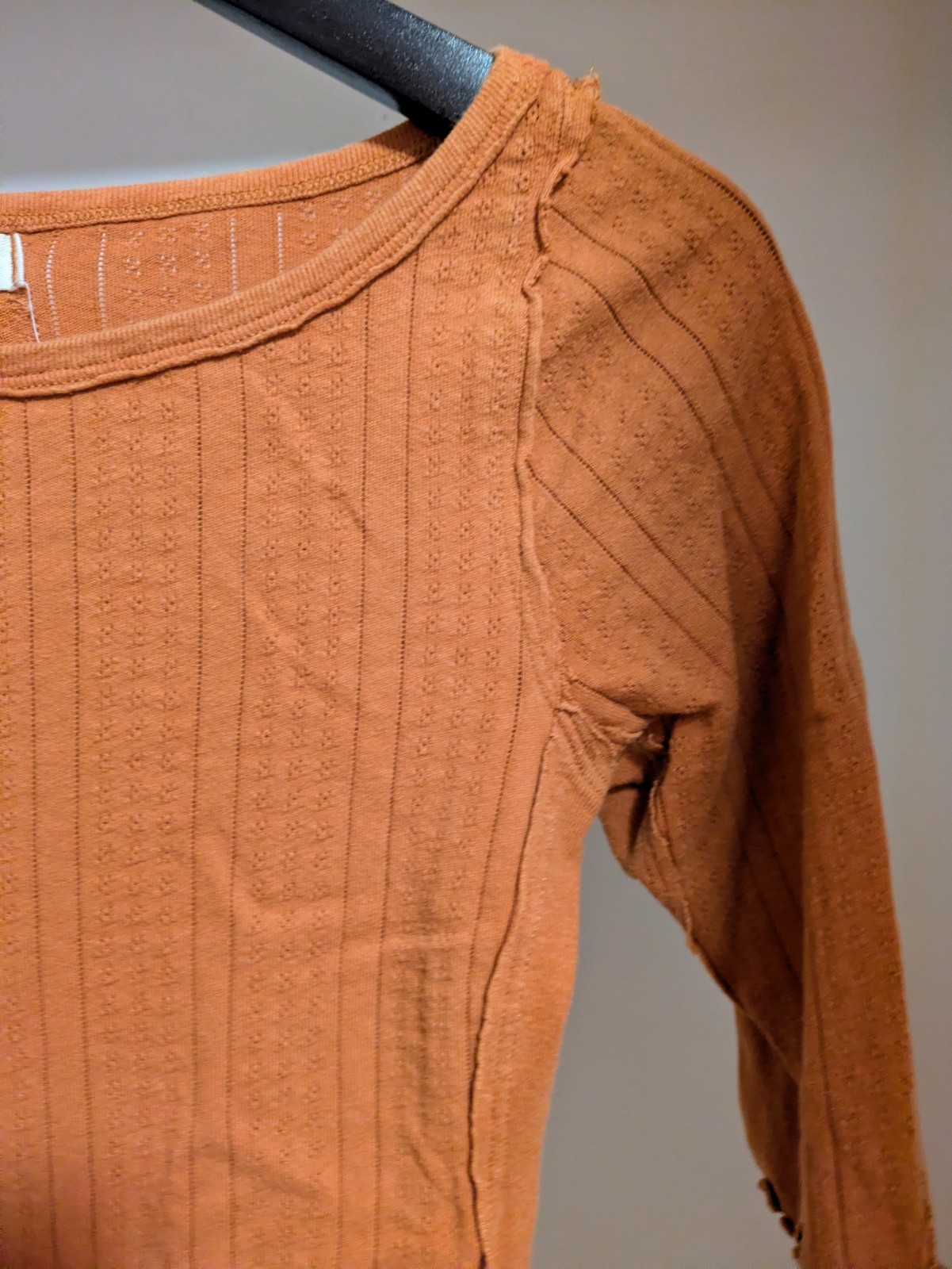 We The Free Orange Ribbed Knit Scoop Neck 3/4 Sleeve Ruffle Top Size S