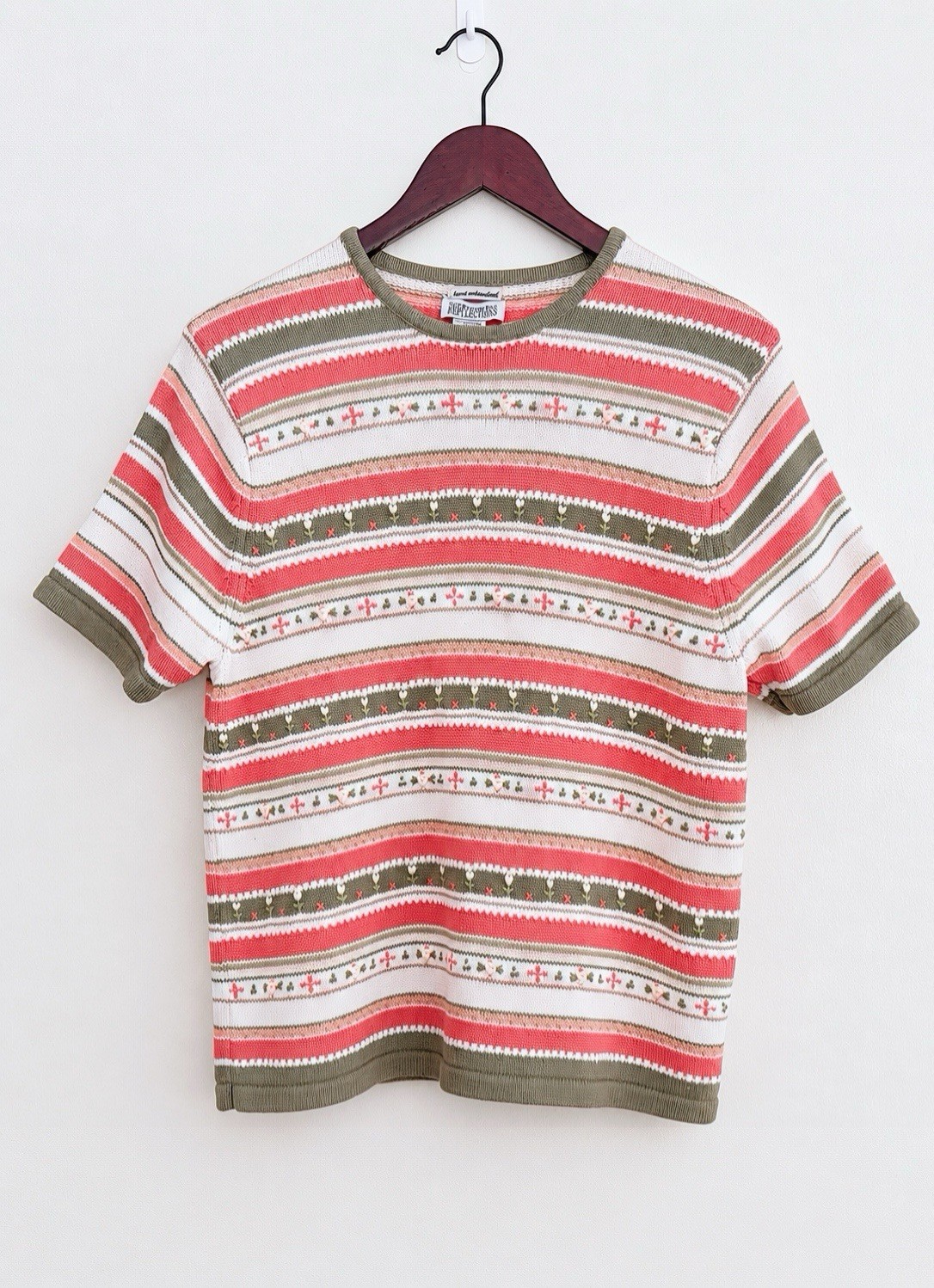 Vintage Northern Reflections Coral Pink Green Striped Hand Embroidered Sweater