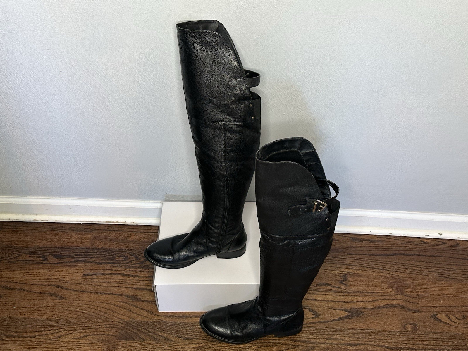 Steve Madden SAMMM Black Leather Over the Knee Riding Boots Side Zip Buckle 8.5M