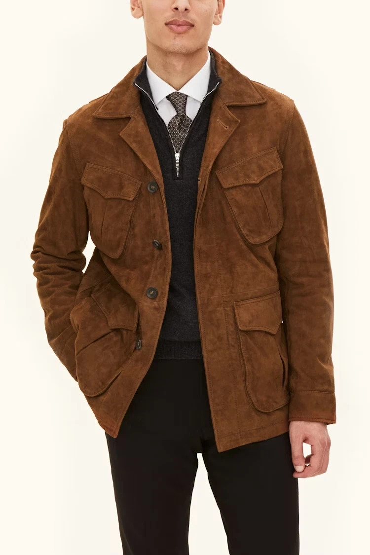 Brown Field Leather Jacket Men Pure Suede Custom Made Size S M L XXL 3XL