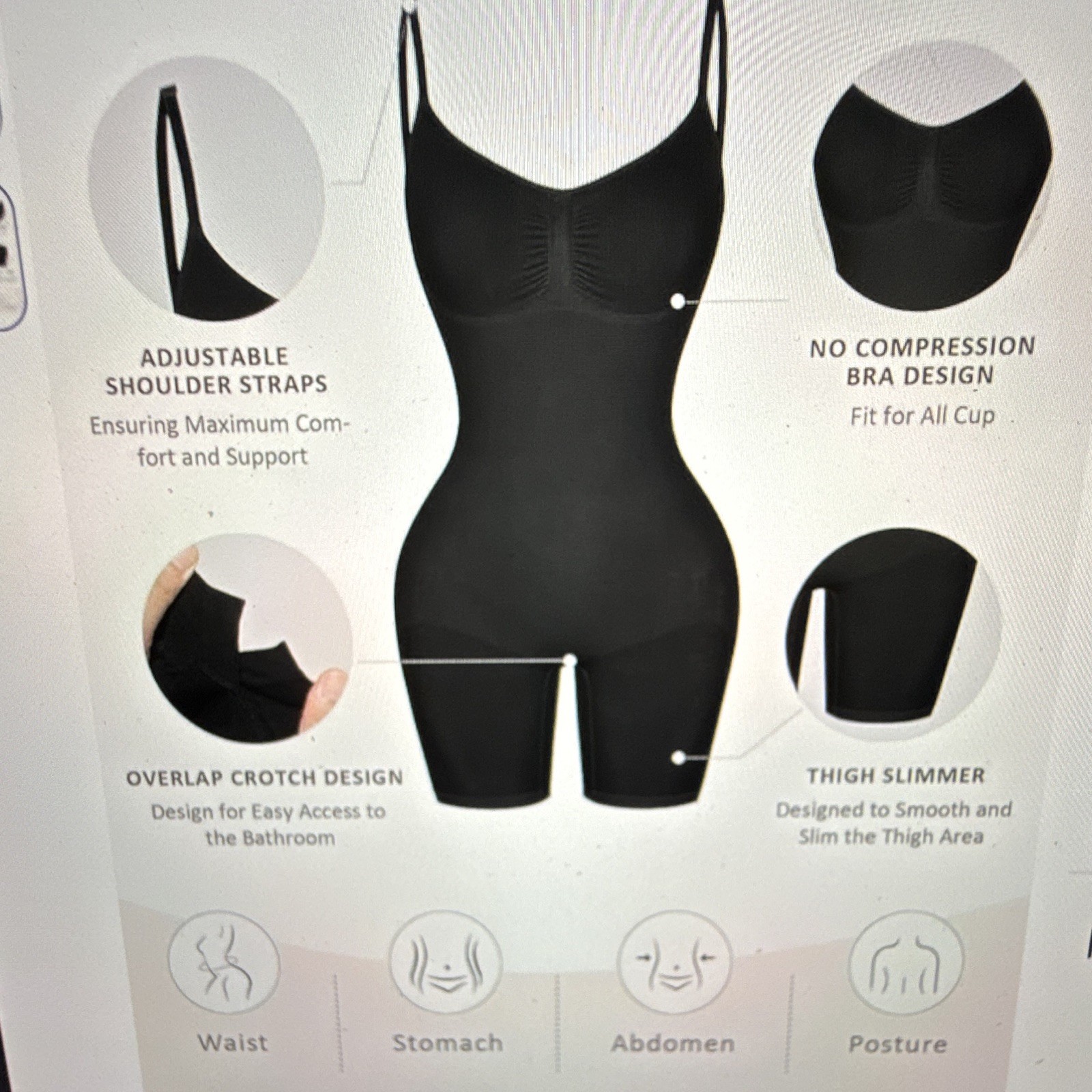 Slimming Women’s Black One-Piece Shapewear Bodysuit, Moderate Compression M/L