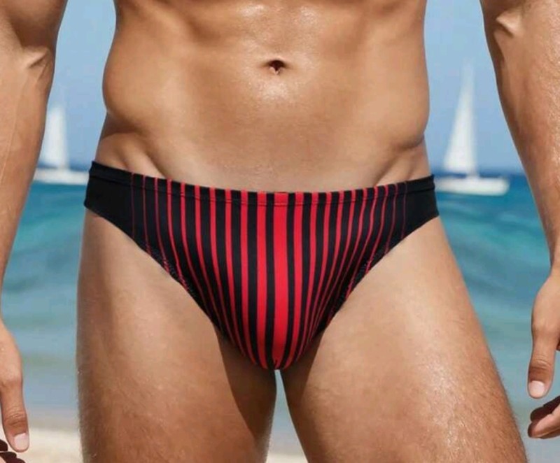 Red & Black Vertical Stripes Men’s Swim Bikini Briefs. Size Large 34″-36″